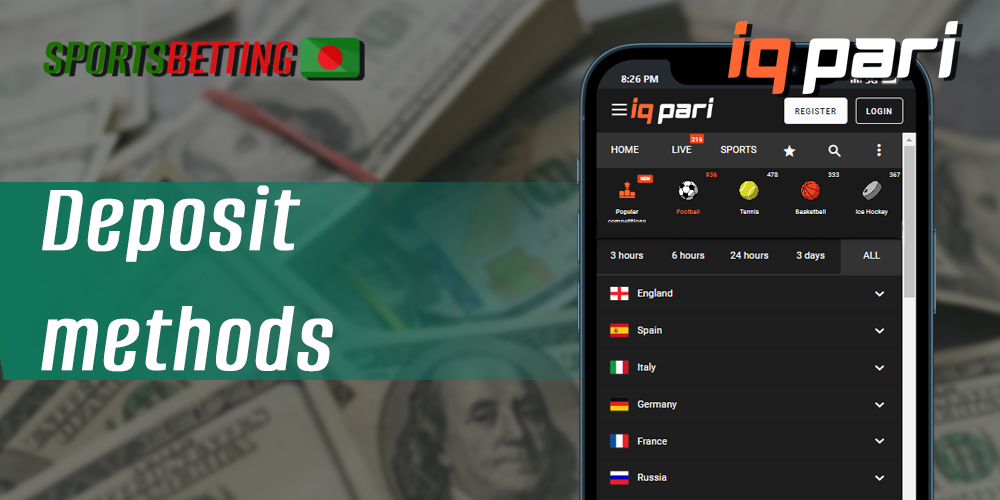Table of methods available for deposit at IQPari, commissions and limits