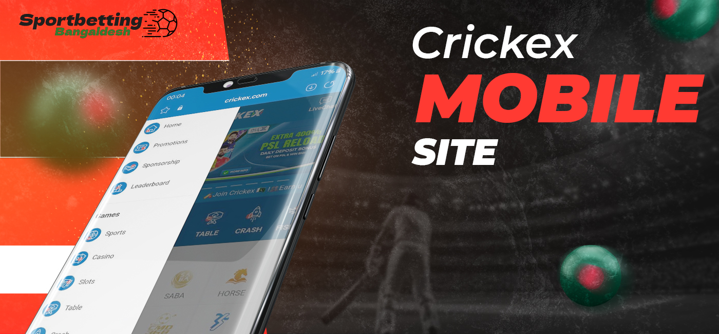 Mobile version of Crickex bookmaker and online casino website