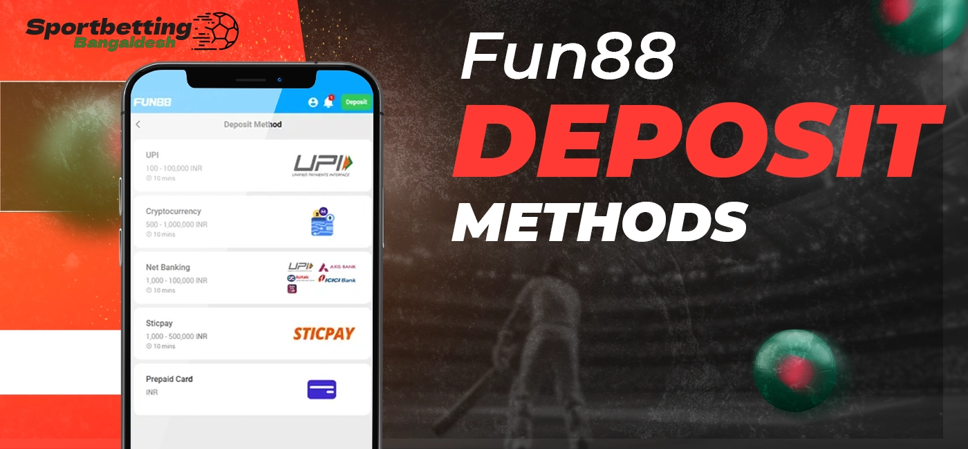 Deposit methods at Fun88 platform with supported transaction options